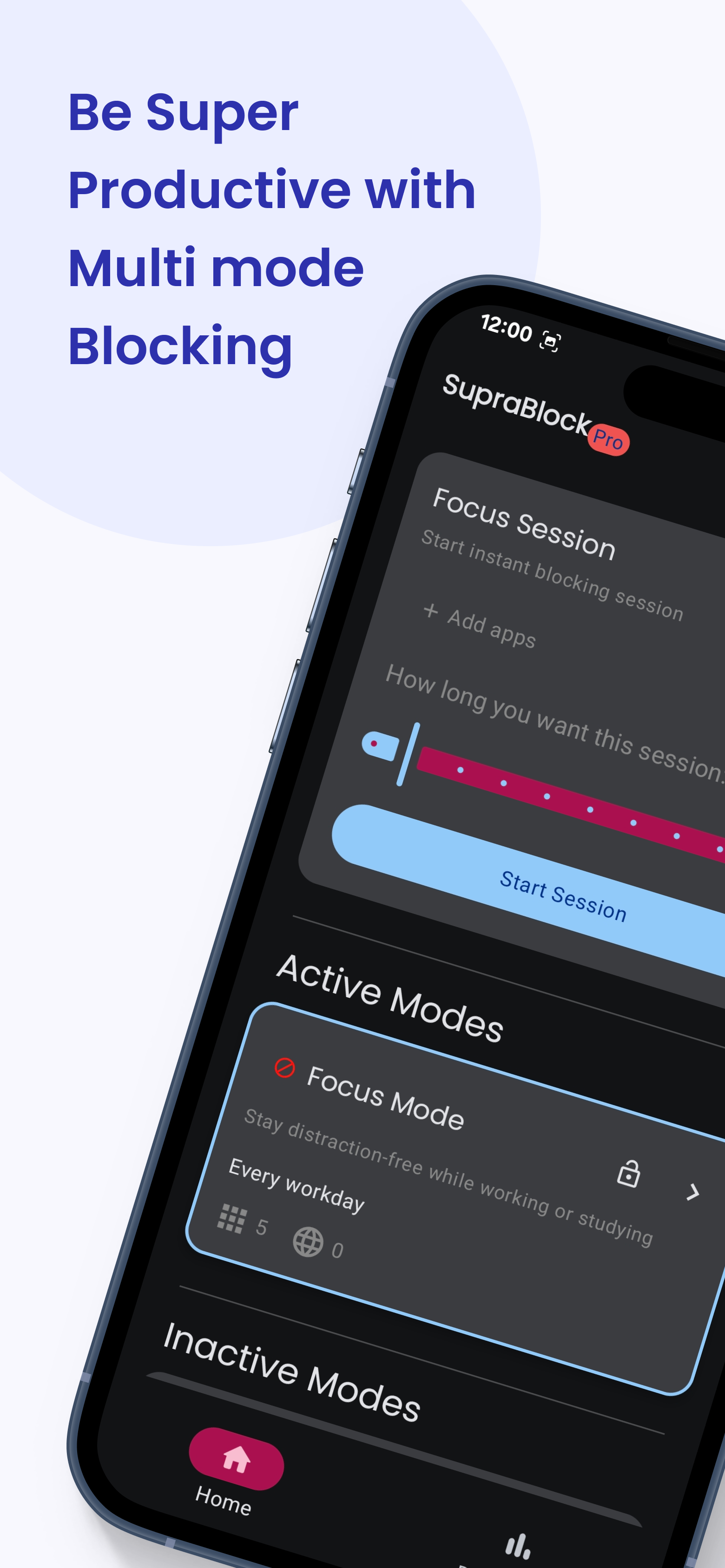 SupraBlock app screenshot showing focus mode interface